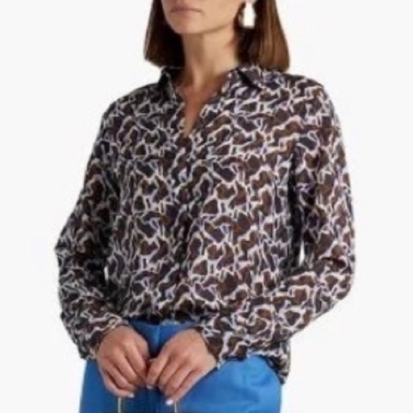 Theory Women's Navy Blue Brown Printed Silk-chiffon Shirt, size S - Picture 2 of 16